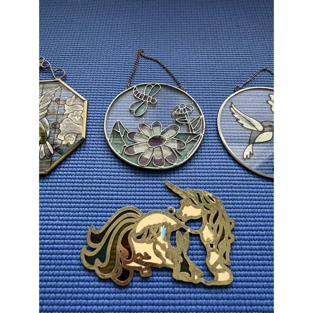 Set of 4 Stained Glass Hanging Panels – Butterfly & Hummingbird & unicorn